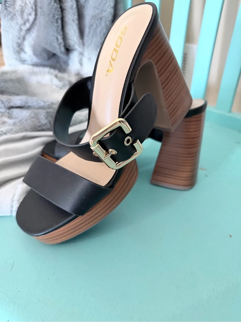 Soda Black Platform Block Heel Sandals with Gold Buckle